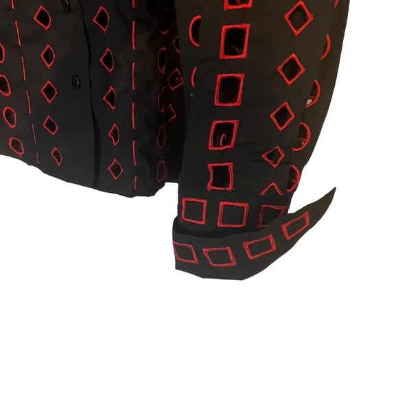 Samuel Dong Button Up Shirt Womens Small Black Red Geometric Cutout - Picture 4 of 11
